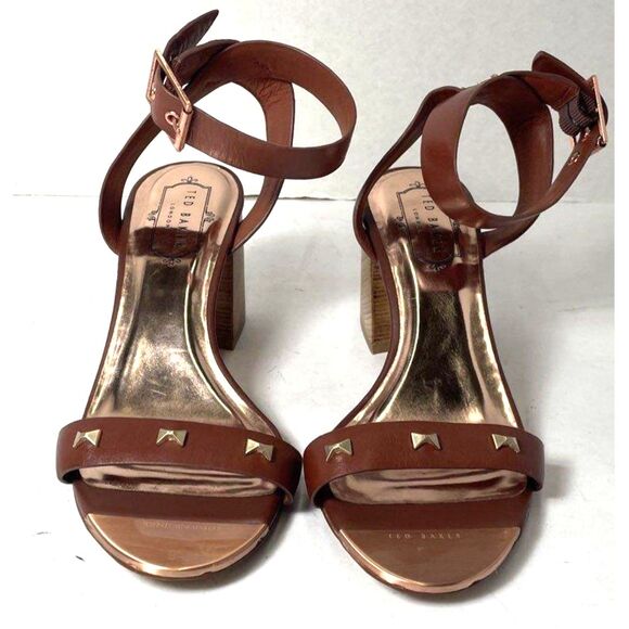 NEW Ted Baker London "BIAH" Brown 100% Leather Studded Sandal Heels Size 6.5 - Picture 1 of 5